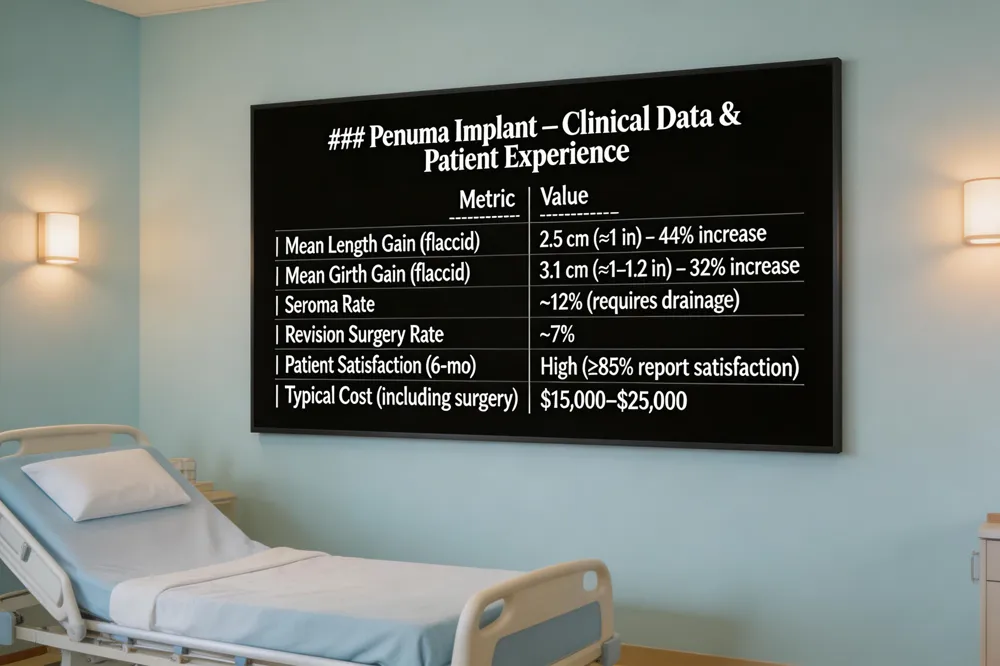 ### Penuma Implant – Clinical Data & Patient Experience
| Metric | Value |
|---|---|
| Mean Length Gain (flaccid) | 2.5 cm (≈1 in) – 44 % increase |
| Mean Girth Gain (flaccid) | 3.1 cm (≈1–1.2 in) – 32 % increase |
| Seroma Rate | ~12 % (requires drainage) |
| Revision Surgery Rate | ~7 % |
| Patient Satisfaction (6‑mo) | High (≥85 % report satisfaction) |
| Typical Cost (including surgery) | $15,000–$25,000 |
