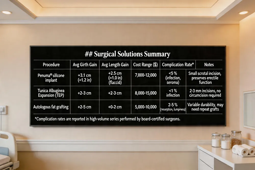 ### Surgical Solutions Summary
| Procedure | Avg Girth Gain (cm) | Avg Length Gain (cm) | Cost Range ($) | Complication Rate* | Notes |
|---|---|---|---|---|---|
| Penuma® silicone implant | +3.1 cm (≈1.2 in) | +2.5 cm (≈1.0 in) (flaccid) | 7,000‑12,000 | <5 % (infection, seroma, migration) | Small scrotal incision; preserves erectile function |
| Tunica Albuginea Expansion (TEP) | +2‑3 cm (≈0.8‑1.2 in) | +2‑3 cm (≈0.8‑1.2 in) | 8,000‑15,000 | <1 % infection | 2‑3 mm staggered incisions; no circumcision required |
| Autologous fat grafting (optional adjunct) | +2‑5 cm (≈0.8‑2.0 in) | +0‑2 cm (≈0‑0.8 in) | 5,000‑10,000 | 2‑5 % (resorption, lumpiness) | Variable durability; may need repeat grafts |
*Complication rates are reported in high‑volume series performed by board‑certified surgeons.