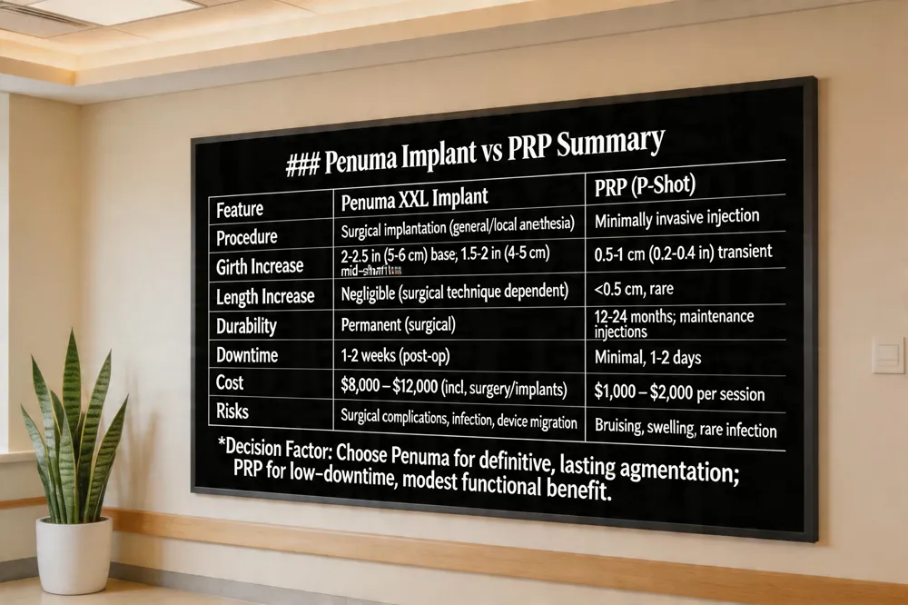 ### Penuma Implant vs PRP Summary
| Feature | Penuma XXL Implant | PRP (P‑Shot) |
|---|---|---|
| Procedure | Surgical implantation (general or local anesthesia) | Minimally invasive injection |
| Girth Increase | 2‑2.5 in (5‑6 cm) at base; 1.5‑2 in (4‑5 cm) mid‑shaft | 0.5‑1 cm (0.2‑0.4 in) transient |
| Length Increase | Negligible (depends on surgical technique) | <0.5 cm, rare |
| Durability | Permanent, permanent‑surgical | 12‑24 months; maintenance injections needed |
| Downtime | 1‑2 weeks (post‑op) | Minimal, 1‑2 days |
| Cost | $8,000 – $12,000 (incl. surgery, implants) | $1,000 – $2,000 per session |
| Risks | Surgical complications, infection, device migration | Bruising, swelling, rare infection |
Decision Factor: Choose Penuma for definitive, lasting augmentation; PRP for low‑downtime, modest functional benefit.