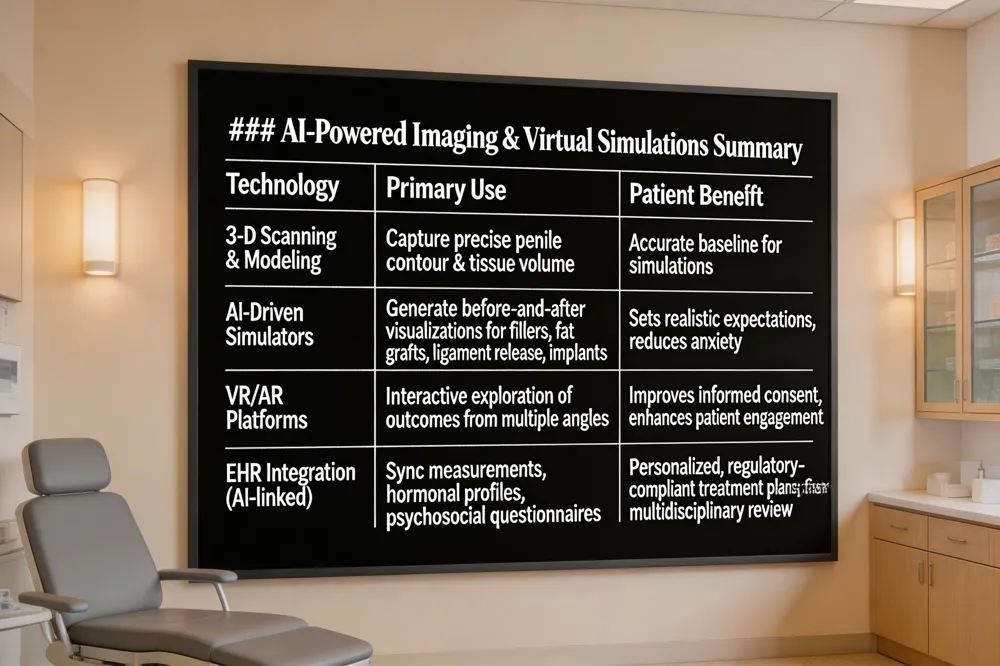 ### AI‑Powered Imaging & Virtual Simulations Summary
| Technology | Primary Use | Patient Benefit |
|---|---|---|
| 3‑D Scanning & Modeling | Capture precise penile contour & tissue volume | Accurate baseline for simulations |
| AI‑Driven Simulators | Generate before‑and‑after visualizations for fillers, fat grafts, ligament release, implants | Sets realistic expectations, reduces anxiety |
| VR/AR Platforms | Interactive exploration of outcomes from multiple angles | Improves informed consent, enhances patient engagement |
| EHR Integration (AI‑linked) | Sync measurements, hormonal profiles, psychosocial questionnaires | Personalized, regulatory‑compliant treatment plans; faster multidisciplinary review |
