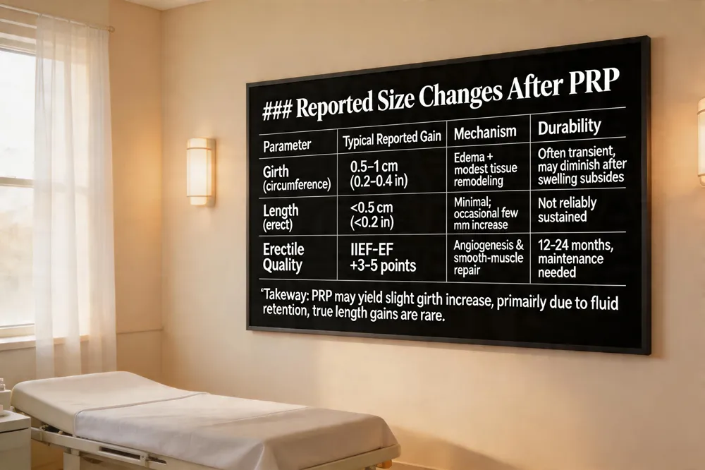 ### Reported Size Changes After PRP
| Parameter | Typical Reported Gain | Mechanism | Durability |
|---|---|---|---|
| Girth (circumference) | 0.5‑1 cm (0.2‑0.4 in) | Edema + modest tissue remodeling | Often transient; may diminish after swelling subsides |
| Length (erect) | <0.5 cm (<0.2 in) | Minimal; occasional few mm increase | Not reliably sustained |
| Erectile Quality | IIEF‑EF +3‑5 points | Angiogenesis & smooth‑muscle repair | 12‑24 months, maintenance needed |
Takeaway: PRP may yield slight girth increase, primarily due to fluid retention; true length gains are rare.