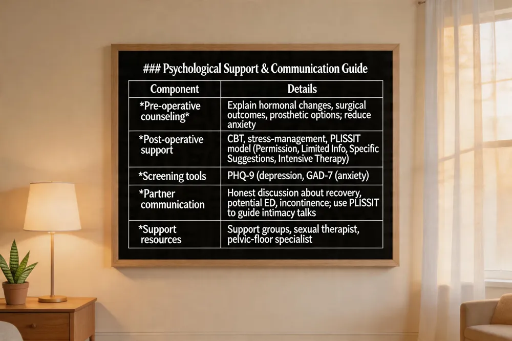 ### Psychological Support & Communication Guide
| Component | Details |
|---|---|
| Pre‑operative counseling | Explain hormonal changes, surgical outcomes, prosthetic options; reduce anxiety |
| Post‑operative support | CBT, stress‑management, PLISSIT model (Permission, Limited Info, Specific Suggestions, Intensive Therapy) |
| Screening tools | PHQ‑9 (depression), GAD‑7 (anxiety) |
| Partner communication | Honest discussion about recovery, potential ED, incontinence; use PLISSIT to guide intimacy talks |
| Support resources | Support groups, sexual therapist, pelvic‑floor specialist |
