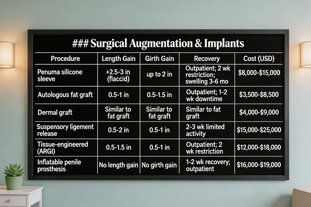 ### Surgical Augmentation & Implants
| Procedure | Typical Length Gain | Typical Girth Gain | Recovery | Cost Range (USD) |
|---|---|---|---|---|
| Penuma silicone sleeve | +2.5‑3 in (flaccid) | up to 2 in | Outpatient; 2 wk activity restriction; swelling 3‑6 mo | $8,000‑$15,000 |
| Autologous fat graft | 0.5‑1 in | 0.5‑1.5 in | Outpatient; 1‑2 wk downtime | $3,500‑$8,500 |
| Dermal graft | Similar to fat graft | Similar to fat graft | Similar to fat graft | $4,000‑$9,000 |
| Suspensory ligament release with tunica expansion | 0.5‑2 in | 0.5‑1 in | 2‑3 wk limited activity | $15,000‑$25,000 |
| Tissue‑engineered biodegradable scaffold (e.g., ARGI) | 0.5‑1.5 in | 0.5‑1 in | Outpatient; 2 wk activity restriction | $12,000‑$18,000 |
| Inflatable penile prosthesis | No length increase (focus on rigidity) | No girth increase (focus on rigidity) | 1‑2 wk recovery; outpatient | $16,000‑$19,000 |

