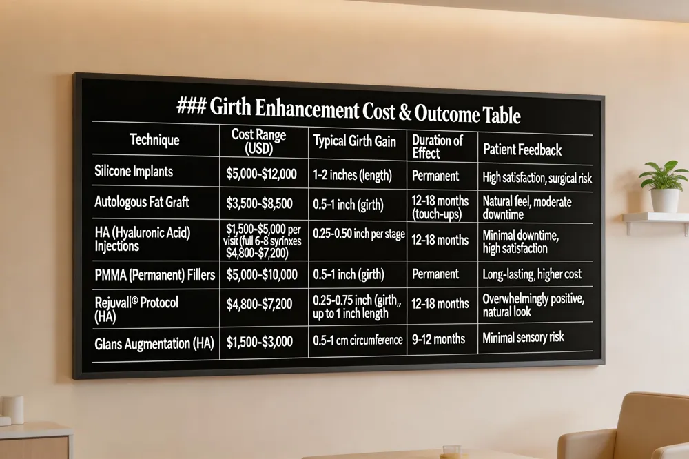 ### Girth Enhancement Cost & Outcome Table
| Technique | Cost Range (USD) | Typical Girth Gain | Duration of Effect | Patient Feedback |
|---|---|---|---|---|
| Silicone Implants | $5,000‑$12,000 | 1‑2 inches (length) | Permanent | High satisfaction, surgical risk |
| Autologous Fat Graft | $3,500‑$8,500 | 0.5‑1 inch (girth) | 12‑18 months (touch‑ups) | Natural feel, moderate downtime |
| HA (Hyaluronic Acid) Injections | $1,500‑$5,000 per visit (full 6‑8 syrinxes $4,800‑$7,200) | 0.25‑0.50 inch per stage | 12‑18 months | Minimal downtime, high satisfaction |
| PMMA (Permanent) Fillers | $5,000‑$10,000 | 0.5‑1 inch (girth) | Permanent | Long‑lasting, higher cost |
| Rejuvall® Protocol (HA) | $4,800‑$7,200 | 0.25‑0.75 inch (girth), up to 1 inch length | 12‑18 months | Overwhelmingly positive, natural look |
| Glans Augmentation (HA) | $1,500‑$3,000 | 0.5‑1 cm circumference | 9‑12 months | Minimal sensory risk |
