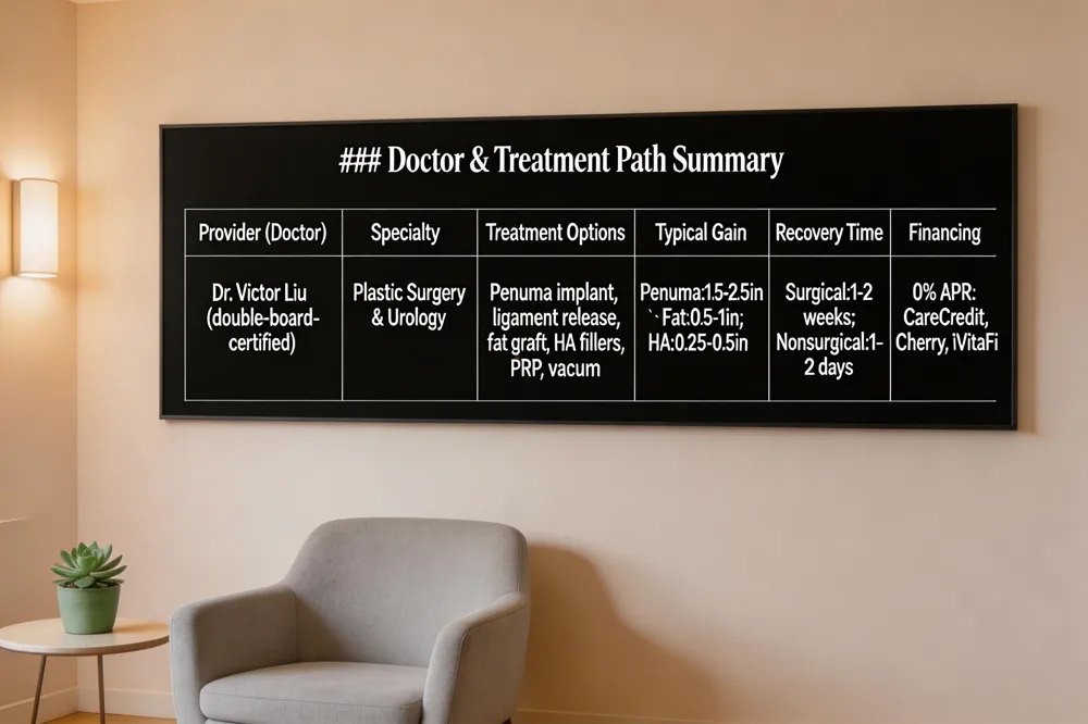 ### Doctor & Treatment Path Summary
| Provider (Doctor) | Specialty | Treatment Options | Typical Gain (Length×Girth) | Recovery Time | Financing Available |
|---|---|---|---|---|---|
| Dr. Victor Liu (double‑board‑certified) | Plastic Surgery & Urology | Penuma implant, ligament release, autologous fat graft, HA fillers, PRP (P‑shot), vacuum devices | Penuma: 1.5‑2.5 in length × similar girth; Fat graft: variable, often 0.5‑1 in; HA fillers: 0.25‑0.5 in per stage | Surgical: 1‑2 weeks; Nonsurgical: 1‑2 days | 0 % APR plans (CareCredit, Cherry, iVitaFi, etc.) |
