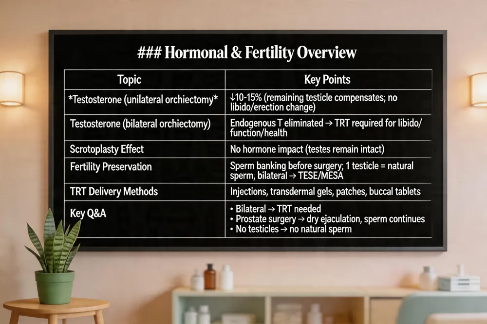 ### Hormonal & Fertility Overview
| Topic | Key Points |
|---|---|
| Testosterone after unilateral orchiectomy | ↓10‑15 % (remaining testicle compensates); usually no change in libido/erection |
| Testosterone after bilateral orchiectomy | Endogenous testosterone eliminated → TRT required for libido, erectile function, muscle & bone health |
| Scrotoplasty effect | No impact on hormone production (testes remain intact) |
| Fertility preservation | Sperm banking recommended before any surgery; natural sperm continues if one testicle remains; bilateral removal → assisted reproduction (TESE/MESA) |
| TRT delivery methods | Injections, transdermal gels, patches, buccal tablets |
| Key Q&A | • Bilateral orchiectomy → TRT needed<br>• Prostate surgery → dry ejaculation, sperm production continues<br>• No testicles → no natural sperm |
