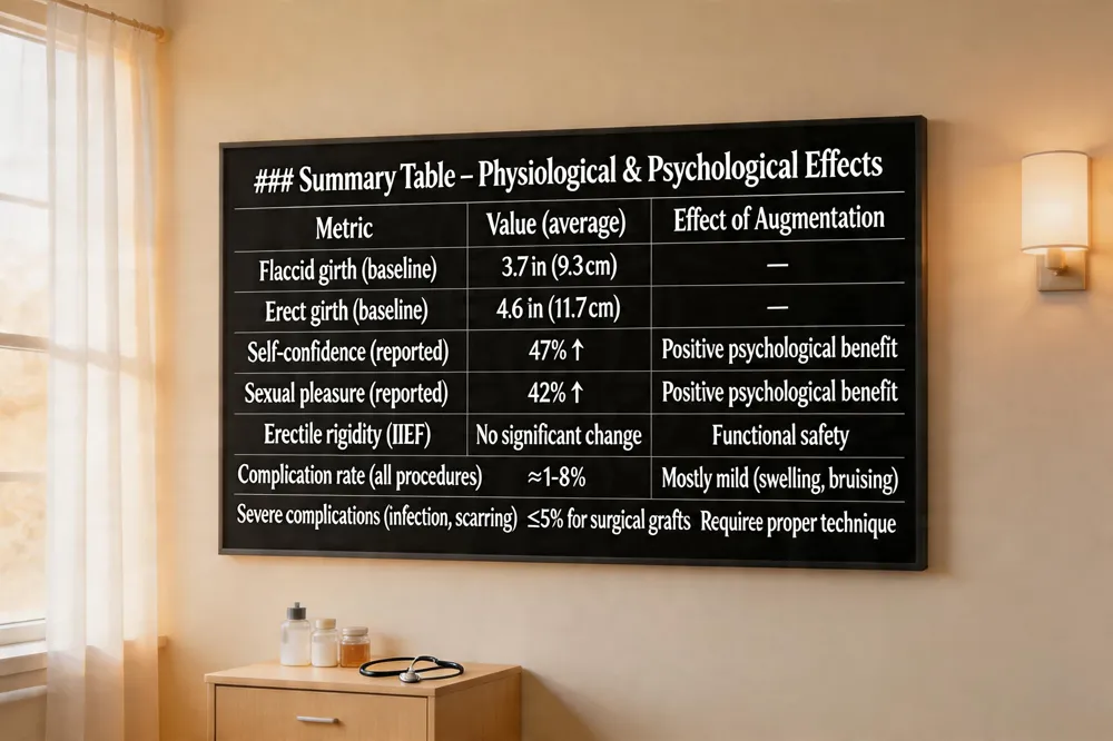 ### Summary Table – Physiological & Psychological Effects
| Metric | Value (average) | Effect of Augmentation |
|---|---|---|
| Flaccid girth (baseline) | 3.7 in (9.3 cm) | — |
| Erect girth (baseline) | 4.6 in (11.7 cm) | — |
| Self‑confidence (reported) | 47 % ↑ | Positive psychological benefit |
| Sexual pleasure (reported) | 42 % ↑ | Positive psychological benefit |
| Erectile rigidity (IIEF) | No significant change | Functional safety |
| Complication rate (all procedures) | ≈1‑8 % | Mostly mild (swelling, bruising) |
| Severe complications (infection, scarring) | ≤5 % for surgical grafts | Requires proper technique |

