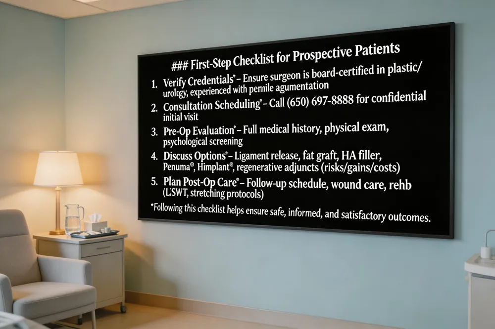 ### First‑Step Checklist for Prospective Patients
- Verify Credentials – Ensure the surgeon is board‑certified in plastic surgery (or urology) and has specific experience with penile augmentation.
- Consultation Scheduling – Use the clinic’s secure portal or call the provided line ((650) 697‑8888) for a confidential initial visit.
- Pre‑Op Evaluation – Expect a full medical history, physical exam, and psychological screening to confirm realistic expectations.
- Discuss Options – Review all viable techniques (ligament release, fat graft, HA filler, Penuma®, Himplant®, regenerative adjuncts) and understand the associated gains, risks, and costs.
- Plan Post‑Op Care – Obtain a structured follow‑up schedule, wound‑care instructions, and rehabilitation resources (e.g., LiSWT, stretching protocols).
Following this checklist helps ensure safe, informed, and satisfactory outcomes.