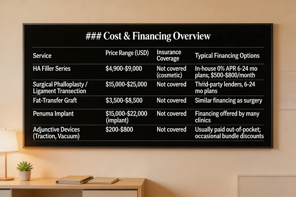 ### Cost & Financing Overview
| Service | Price Range (USD) | Insurance Coverage | Typical Financing Options |
|---|---|---|---|
| HA Filler Series | $4,900‑$9,000 | Not covered (cosmetic) | In‑house 0 % APR 6‑24 mo plans; $500‑$800/month |
| Surgical Phalloplasty / Ligament Transection | $15,000‑$25,000 | Not covered | Third‑party lenders, 6‑24 mo plans |
| Fat‑Transfer Graft | $3,500‑$8,500 | Not covered | Similar financing as surgery |
| Penuma Implant | $15,000‑$22,000 (implant) | Not covered | Financing offered by many clinics |
| Adjunctive Devices (Traction, Vacuum) | $200‑$800 | Not covered | Usually paid out‑of‑pocket; occasional bundle discounts |
