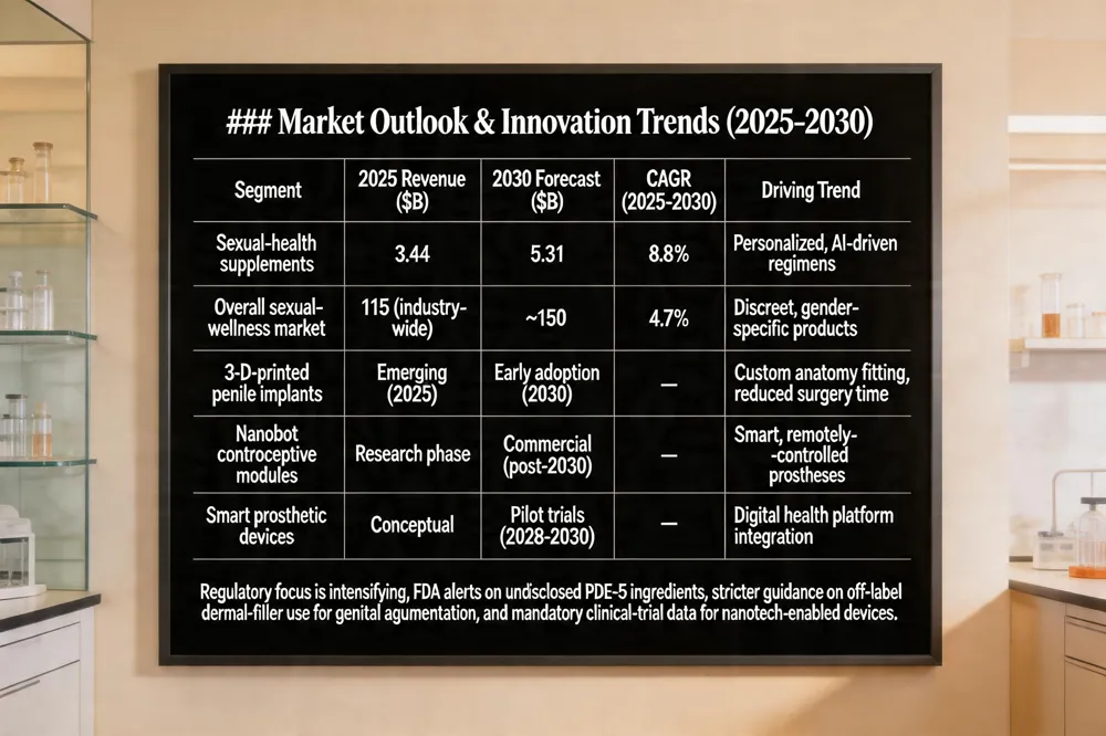 ### Market Outlook & Innovation Trends (2025‑2030)
| Segment | 2025 Revenue ($B) | 2030 Forecast ($B) | CAGR (2025‑2030) | Driving Trend |
|---|---|---|---|---|
| Sexual‑health supplements | 3.44 | 5.31 | 8.8 % | Personalized, AI‑driven regimens |
| Overall sexual‑wellness market | 115 (industry‑wide) | ~150 | 4.7 % | Growth of discreet, gender‑specific products |
| 3‑D‑printed patient‑specific penile implants | Emerging (2025) | Early adoption (2030) | — | Custom anatomy fitting, reduced surgery time |
| Nanobot‑based contraceptive/sensory modules | Research phase | Commercial entry (post‑2030) | — | Smart, remotely‑controlled prostheses |
| Smart prosthetic devices (smartphone‑controllable) | Conceptual | Pilot trials (2028‑2030) | — | Integration with digital health platforms |
Regulatory focus is intensifying: FDA alerts on undisclosed PDE‑5 ingredients, stricter guidance on off‑label dermal‑filler use for genital augmentation, and mandatory clinical‑trial data for nanotech‑enabled devices.