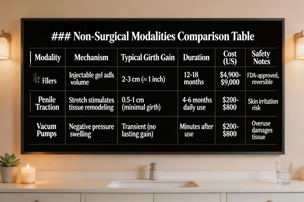 ### Non‑Surgical Modalities Comparison Table
| Modality | Mechanism | Typical Girth Gain (flaccid) | Duration of Effect | Approx. Cost (US) | Key Safety Notes |
|---|---|---|---|---|---|
| HA Fillers | Injectable gel adds volume | 2‑3 cm (≈1 inch) | 12‑18 months (touch‑up) | $4,900‑$9,000 | FDA‑approved, reversible with hyaluronidase |
| Penile Traction | Continuous stretch stimulates tissue remodeling | 0.5‑1 cm (length) – minimal girth | 4‑6 months of daily use (4‑6 h) | $200‑$800 | Requires strict protocol; risk of skin irritation or vascular injury |
| Vacuum Pumps | Negative pressure draws blood, temporary engorgement | Transient swelling; no lasting girth | Minutes after use | $200‑$800 | Safe if used as directed; excessive use can damage elastic tissue |
