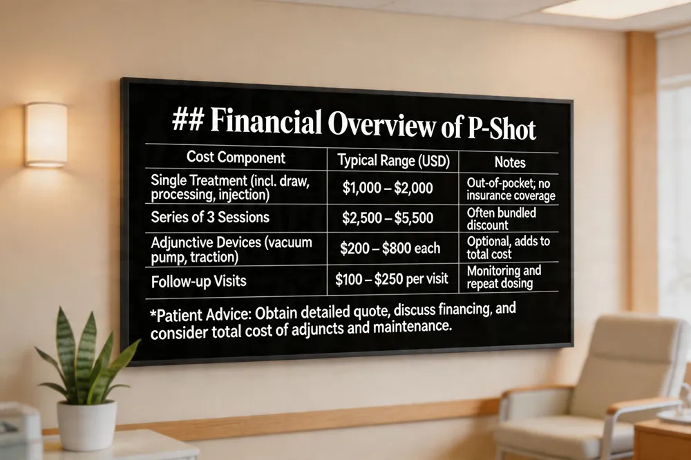 ### Financial Overview of P‑Shot
| Cost Component | Typical Range (USD) | Notes |
|---|---|---|
| Single Treatment (incl. draw, processing, injection) | $1,000 – $2,000 | Out‑of‑pocket; no insurance coverage |
| Series of 3 Sessions | $2,500 – $5,500 | Often bundled discount |
| Adjunctive Devices (vacuum pump, traction) | $200 – $800 each | Optional, adds to total cost |
| Follow‑up Visits | $100 – $250 per visit | Monitoring and repeat dosing |
Patient Advice: Obtain detailed quote, discuss financing, and consider total cost of adjuncts and maintenance.