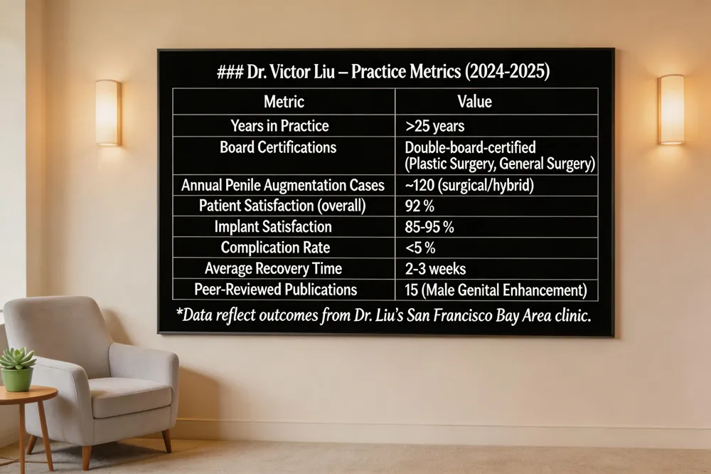 ### Dr. Victor Liu – Practice Metrics (2024‑2025)
| Metric | Value |
|---|---|
| Years in Practice | >25 years |
| Board Certifications | Double‑board‑certified (Plastic Surgery, General Surgery) |
| Annual Penile Augmentation Cases | ~120 (combined surgical & hybrid) |
| Patient Satisfaction (overall) | 92 % |
| Implant Satisfaction | 85‑95 % |
| Complication Rate (all procedures) | <5 % |
| Average Recovery Time (return to light activity) | 2‑3 weeks |
| Publications on Male Genital Enhancement | 15 peer‑reviewed articles |
Data reflect outcomes from Dr. Liu’s San Francisco Bay Area clinic.