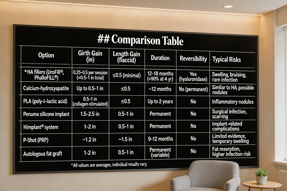 ### Comparison Table
| Option | Girth Gain (in) | Length Gain (flaccid) | Duration | Reversibility | Typical Risks |
|---|---|---|---|---|---|
| HA fillers (UroFill®, PhalloFILL®) | 0.25‑0.5 per session (≈0.5‑1 in total) | ≤0.5 (minimal) | 12‑18 months (≈90 % volume at 4 yr) | Yes (hyaluronidase) | Swelling, bruising, rare infection |
| Calcium‑hydroxyapatite | Up to 0.5‑1 in | ≤0.5 | ~12 months | No (permanent) | Similar to HA, possible nodules |
| PLA (poly‑L‑lactic acid) | 0.5‑1 in (collagen‑stimulated) | ≤0.5 | Up to 2 years | No | Inflammatory nodules |
| Penuma silicone implant | 1.5‑2.5 in | 0.5‑1 in | Permanent | No | Surgical infection, scarring |
| Himplant® system | 1‑2 in | 0.5‑1 in | Permanent | No | Implant‑related complications |
| P‑Shot (PRP) | ~1.2 in | ~1.5 in | 9‑12 months | No | Limited evidence, temporary swelling |
| Autologous fat graft | 1‑2 in | 0.5‑1 in | Permanent (variable) | No | Fat resorption, higher infection risk |
All values are averages; individual results vary.