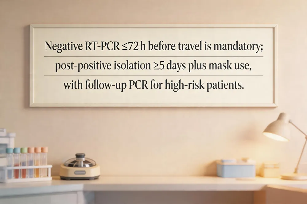 Negative RT‑PCR ≤72 h before travel is mandatory; post‑positive isolation ≥5 days plus mask use, with follow‑up PCR for high‑risk patients.