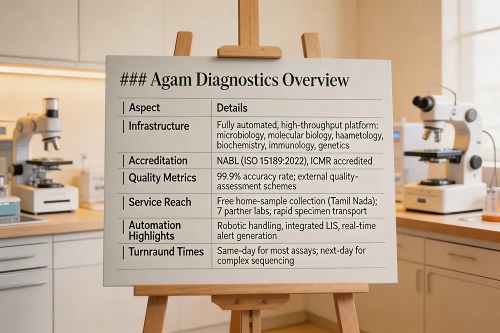 ### Agam Diagnostics Overview
| Aspect | Details |
------- |---------|
| Infrastructure | Fully automated, high‑throughput platform integrating microbiology, molecular biology, haematology, biochemistry, immunology, genetics. |
| Accreditation | NABL (ISO 15189:2022), ICMR accredited. |
% Quality Metrics | 99.9 % accuracy rate; participation in external quality‑assessment schemes. |
| Service Reach | Free home‑sample collection across Tamil Nadu; partner labs in 7 additional locations; rapid specimen transport. |
| Automation Highlights | Robotic handling, integrated LIS, real‑time alert generation. |
| Turnaround Times | Same‑day for most assays; next‑day for complex sequencing. |
