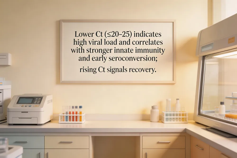 Lower Ct (≤20‑25) indicates high viral load and correlates with stronger innate immunity and early seroconversion; rising Ct signals recovery.
