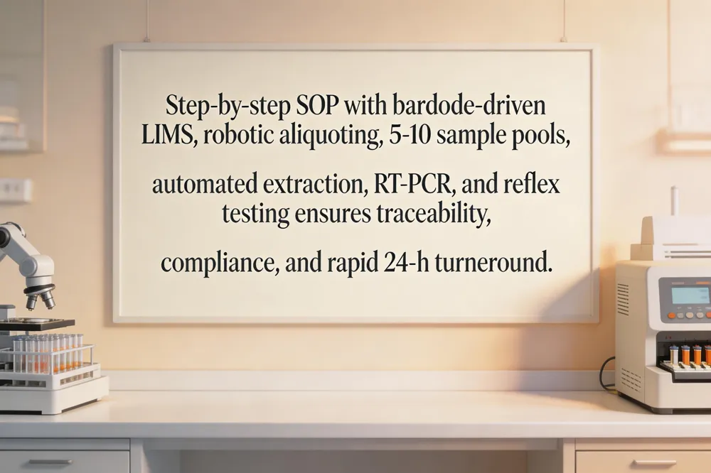 Step‑by‑step SOP with barcode‑driven LIMS, robotic aliquoting, 5‑10 sample pools, automated extraction, RT‑PCR, and reflex testing ensures traceability, compliance, and rapid 24‑h turnaround.