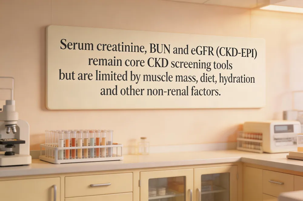 Serum creatinine, BUN and eGFR (CKD‑EPI) remain core CKD screening tools but are limited by muscle mass, diet, hydration and other non‑renal factors.