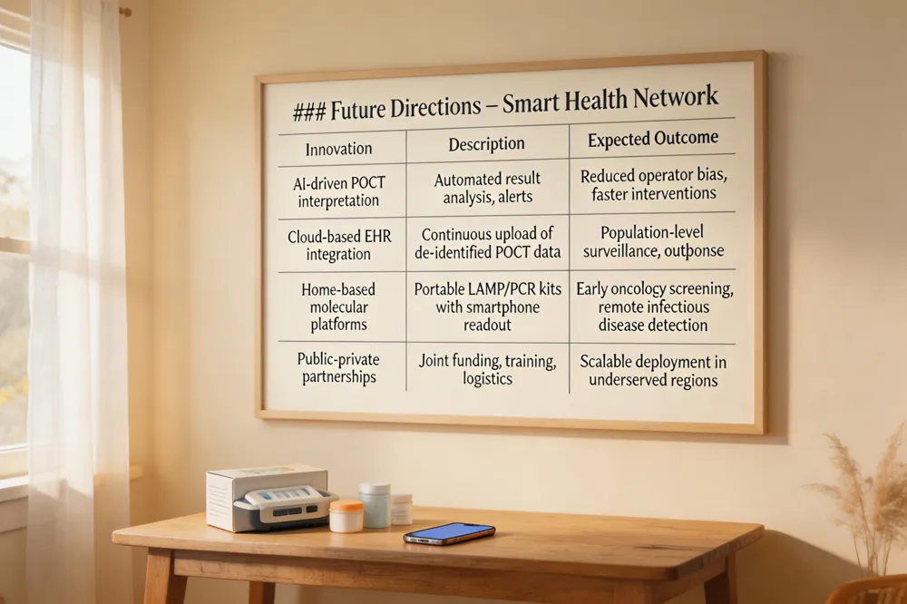 ### Future Directions – Smart Health Network
| Innovation |
Description |
Expected Outcome |
| AI‑driven POCT interpretation |
Automated result analysis, alerts |
Reduced operator bias, faster interventions |
| Cloud‑based EHR integration |
Continuous upload of de‑identified POCT data |
Population‑level surveillance, outbreak response |
| Home‑based molecular platforms |
Portable LAMP/PCR kits with smartphone readout |
Early oncology screening, remote infectious disease detection |
| Public‑private partnerships |
Joint funding, training, logistics |
Scalable deployment in underserved regions |
