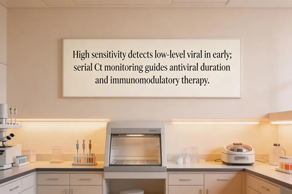 High sensitivity detects low‑level viral in early; serial Ct monitoring guides antiviral duration and immunomodulatory therapy.