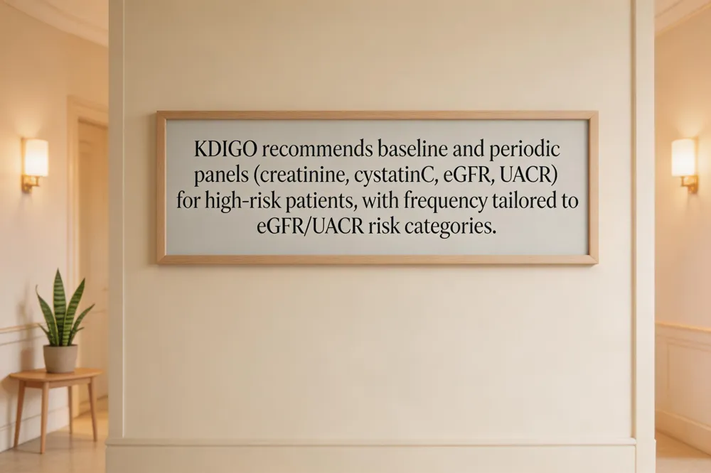 KDIGO recommends baseline and periodic panels (creatinine, cystatin C, eGFR, UACR) for high‑risk patients, with frequency tailored to eGFR/UACR risk categories.