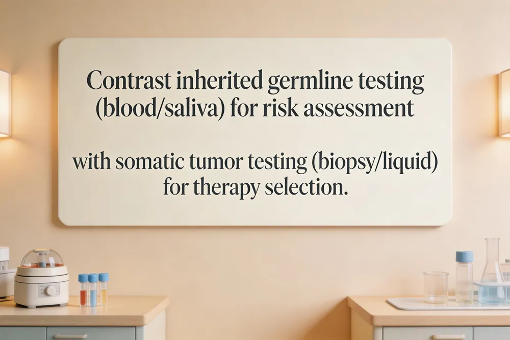 Contrast inherited germline testing (blood/saliva) for risk assessment with somatic tumor testing (biopsy/liquid) for therapy selection.