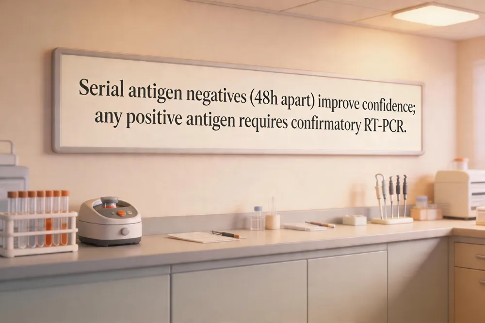 Serial antigen negatives (48 h apart) improve confidence; any positive antigen requires confirmatory RT‑PCR.