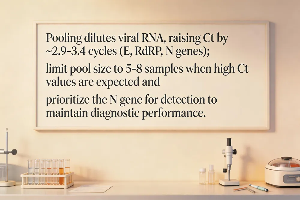 Pooling dilutes viral RNA, raising Ct by ~2.9‑3.4 cycles (E, RdRP, N genes); limit pool size to 5‑8 samples when high Ct values are expected and prioritize the N gene for detection to maintain diagnostic performance.