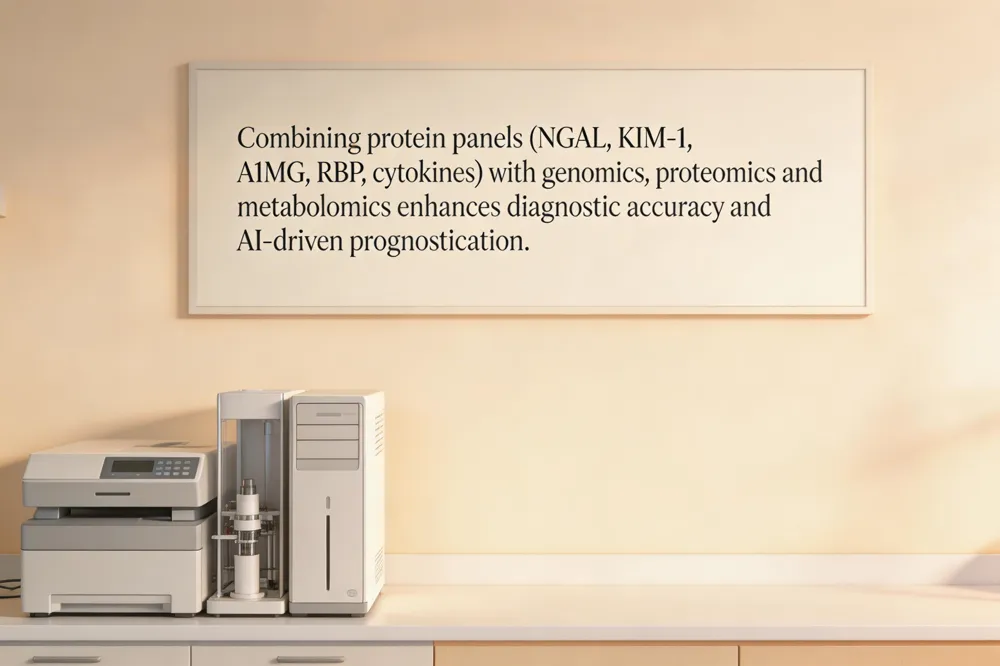 Combining protein panels (NGAL, KIM‑1, A1MG, RBP, cytokines) with genomics, proteomics and metabolomics enhances diagnostic accuracy and AI‑driven prognostication.