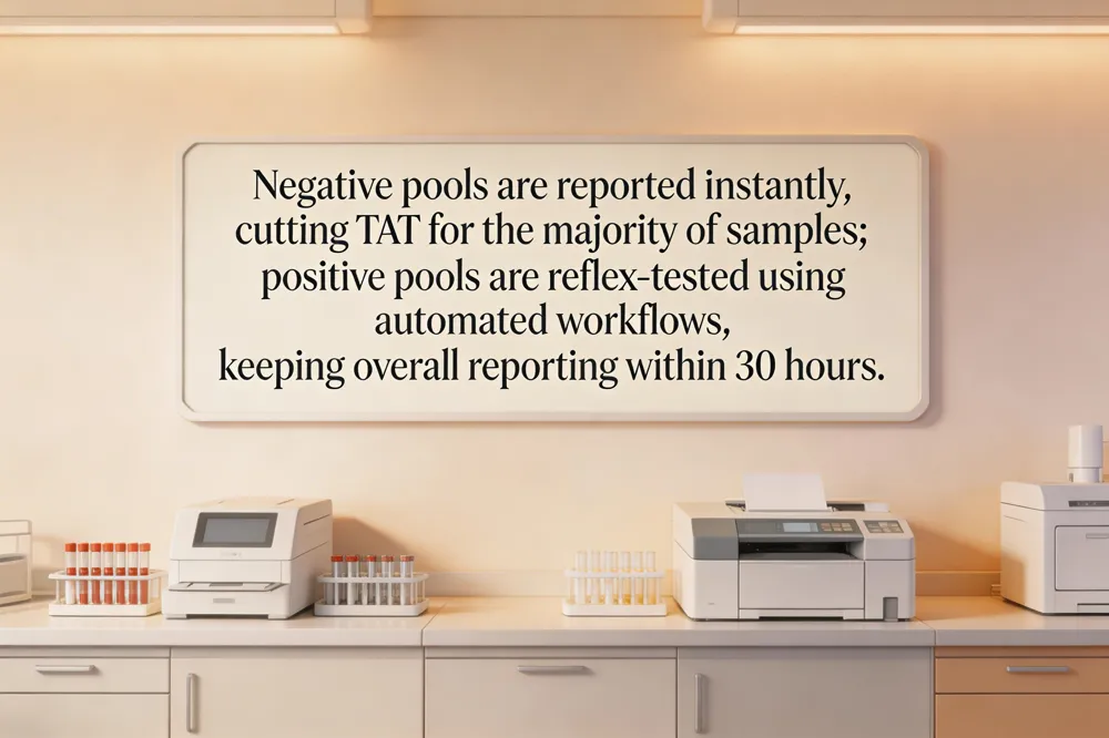 Negative pools are reported instantly, cutting TAT for the majority of samples; positive pools are reflex‑tested using automated workflows, keeping overall reporting within 30 hours.