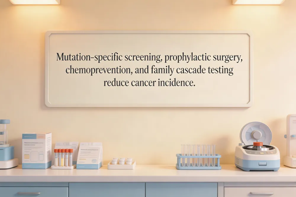 Mutation‑specific screening, prophylactic surgery, chemoprevention, and family cascade testing reduce cancer incidence.