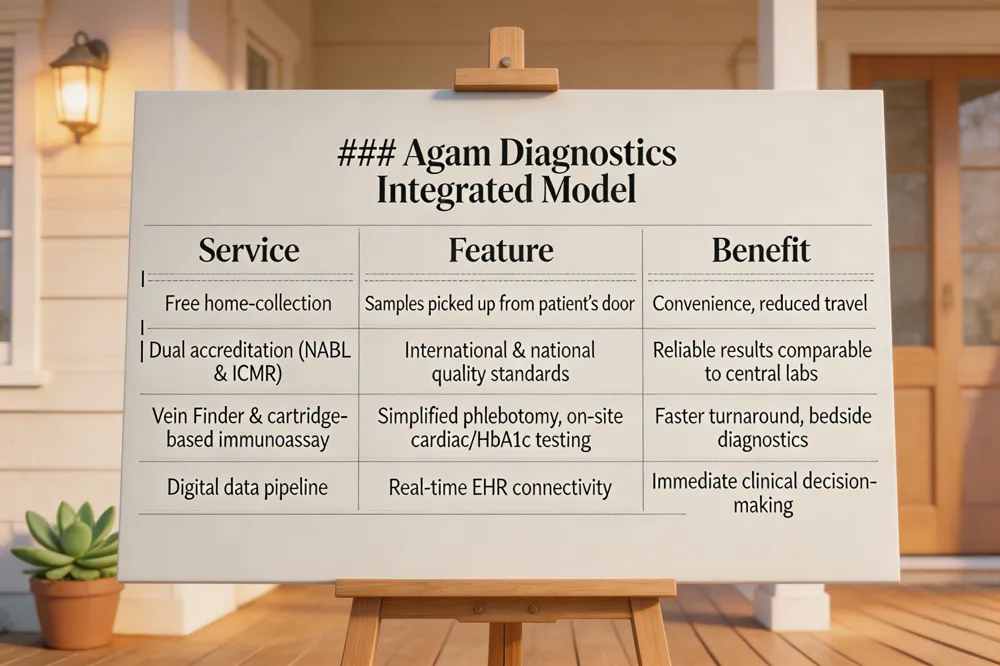 ### Agam Diagnostics Integrated Model
| Service |
Feature |
Benefit |
| Free home‑collection |
Samples picked up from patient’s door |
Convenience, reduced travel |
| Dual accreditation (NABL & ICMR) |
International & national quality standards |
Reliable results comparable to central labs |
| Vein Finder & cartridge‑based immunoassay |
Simplified phlebotomy, on‑site cardiac/HbA1c testing |
Faster turnaround, bedside diagnostics |
| Digital data pipeline |
Real‑time EHR connectivity |
Immediate clinical decision‑making |
