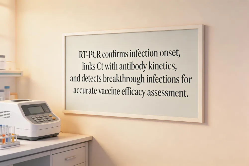 RT‑PCR confirms infection onset, links Ct with antibody kinetics, and detects breakthrough infections for accurate vaccine efficacy assessment.