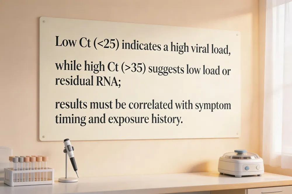 Low Ct (< 25) indicates a high viral load, while high Ct (> 35) suggests low load or residual RNA; results must be correlated with symptom timing and exposure history.