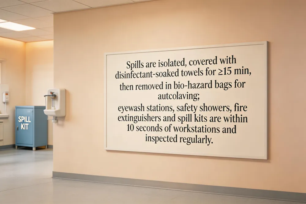 Spills are isolated, covered with disinfectant‑soaked towels for ≥15 min, then removed in bio‑hazard bags for autoclaving; eyewash stations, safety showers, fire extinguishers and spill kits are within 10 seconds of workstations and inspected regularly.