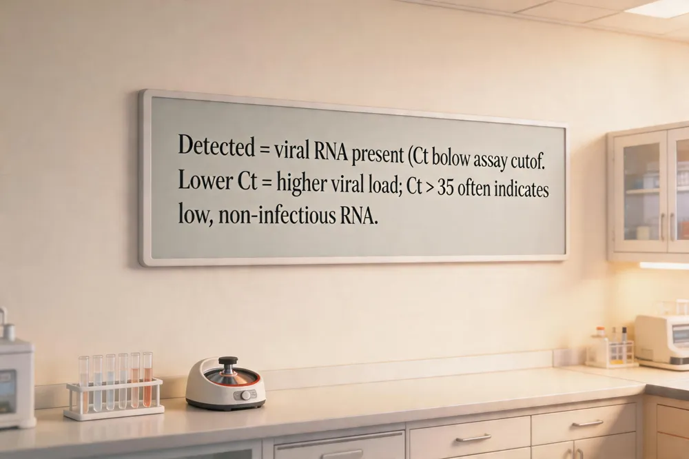 Detected = viral RNA present (Ct below assay cutoff). Lower Ct = higher viral load; Ct > 35 often indicates low, non‑infectious RNA.