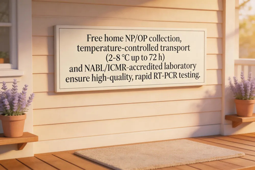 Free home NP/OP collection, temperature‑controlled transport (2‑8 °C up to 72 h), and NABL/ICMR‑accredited laboratory ensure high‑quality, rapid RT‑PCR testing.