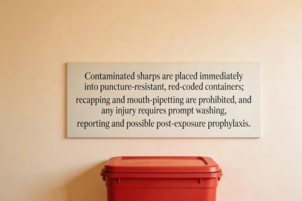 Contaminated sharps are placed immediately into puncture‑resistant, red‑coded containers; recapping and mouth‑pipetting are prohibited, and any injury requires prompt washing, reporting and possible post‑exposure prophylaxis.