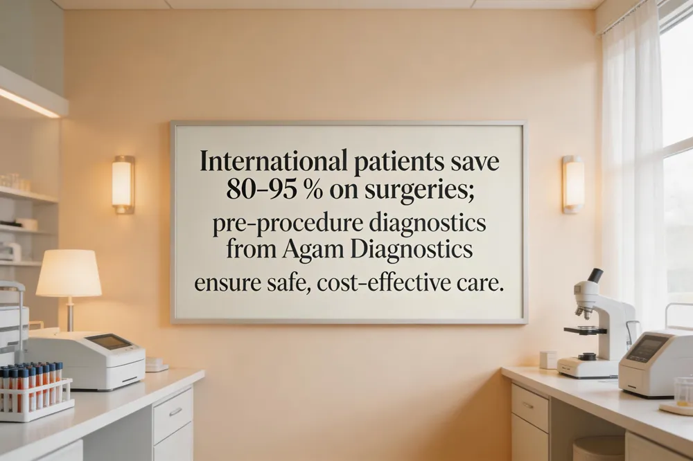 International patients save 80‑95 % on surgeries; pre‑procedure diagnostics from Agam Diagnostics ensure safe, cost‑effective care.