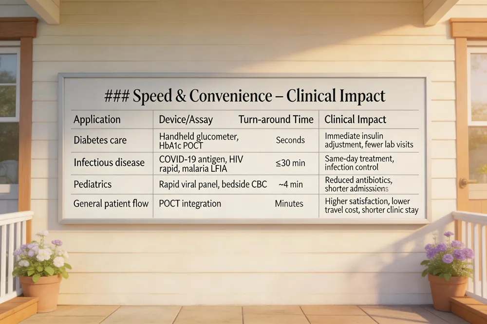### Speed & Convenience – Clinical Impact
| Application |
Device/Assay |
Turn‑around Time |
Clinical Impact |
| Diabetes care |
Handheld glucometer, HbA1c POCT |
Seconds |
Immediate insulin adjustment, fewer lab visits |
| Infectious disease |
COVID‑19 antigen, HIV rapid, malaria LFIA |
≤30 min |
Same‑day treatment, infection control |
| Pediatrics |
Rapid viral panel, bedside CBC |
~4 min |
Reduced antibiotics, shorter admissions |
| General patient flow |
POCT integration |
Minutes |
Higher satisfaction, lower travel cost, shorter clinic stay |
