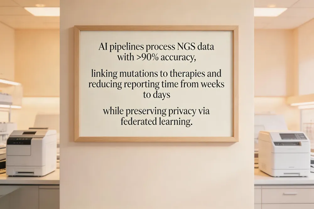 AI pipelines process NGS data with >90% accuracy, linking mutations to therapies and reducing reporting time from weeks to days while preserving privacy via federated learning.