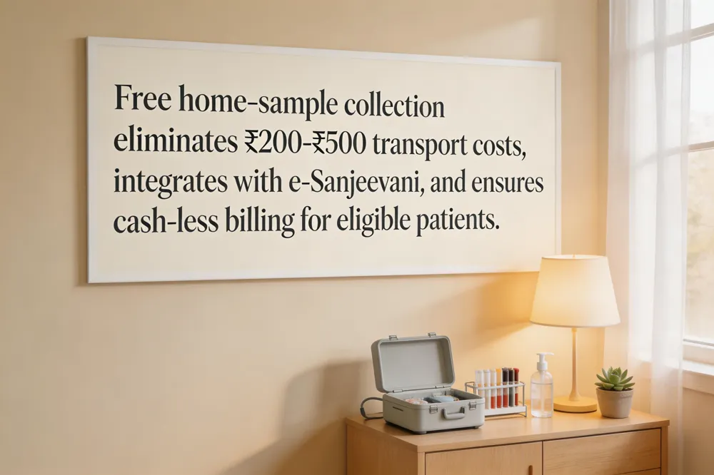 Free home‑sample collection eliminates ₹200‑₹500 transport costs, integrates with e‑Sanjeevani, and ensures cash‑less billing for eligible patients.