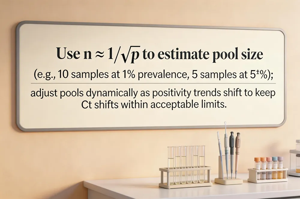 Use n ≈ 1/√p to estimate pool size (e.g., 10 samples at 1 % prevalence, 5 samples at 5 %); adjust pools dynamically as positivity trends shift to keep Ct shifts within acceptable limits.