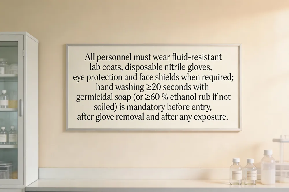 All personnel must wear fluid‑resistant lab coats, disposable nitrile gloves, eye protection and face shields when required; hand washing ≥20 seconds with germicidal soap (or ≥60 % ethanol rub if not soiled) is mandatory before entry, after glove removal and after any exposure.