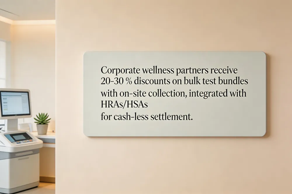 Corporate wellness partners receive 20‑30 % discounts on bulk test bundles with on‑site collection, integrated with HRAs/HSAs for cash‑less settlement.
