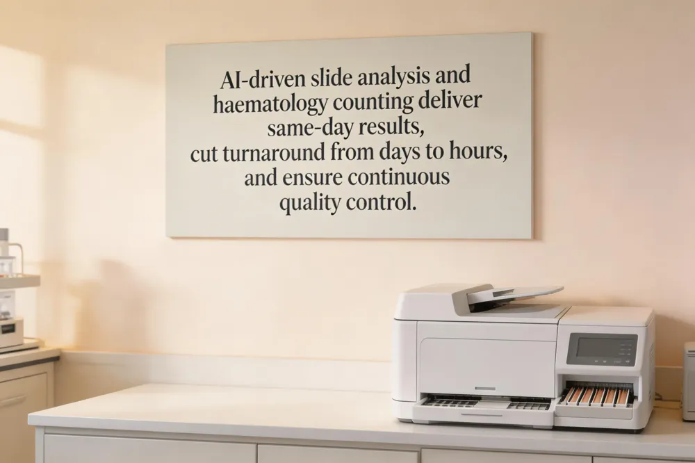 AI‑driven slide analysis and haematology counting deliver same‑day results, cut turnaround from days to hours, and ensure continuous quality control.