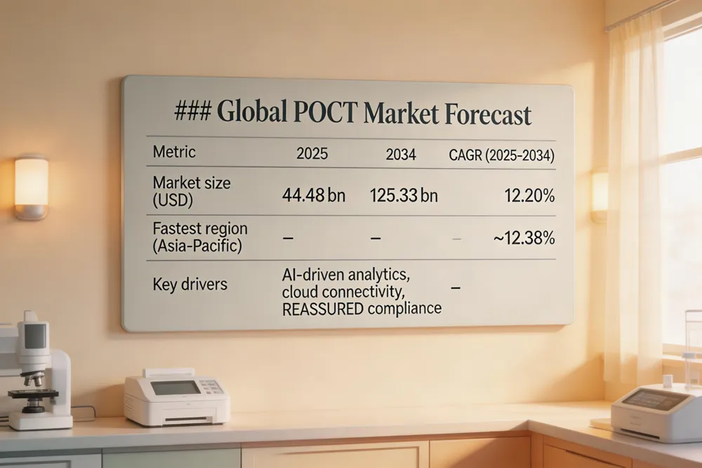 ### Global POCT Market Forecast
| Metric |
2025 |
2034 |
CAGR (2025‑2034) |
| Market size (USD) |
44.48 bn |
125.33 bn |
12.20 % |
| Fastest region (Asia‑Pacific) |
– |
– |
~12.38 % |
| Key drivers |
AI‑driven analytics, cloud connectivity, REASSURED compliance |
– |
– |
