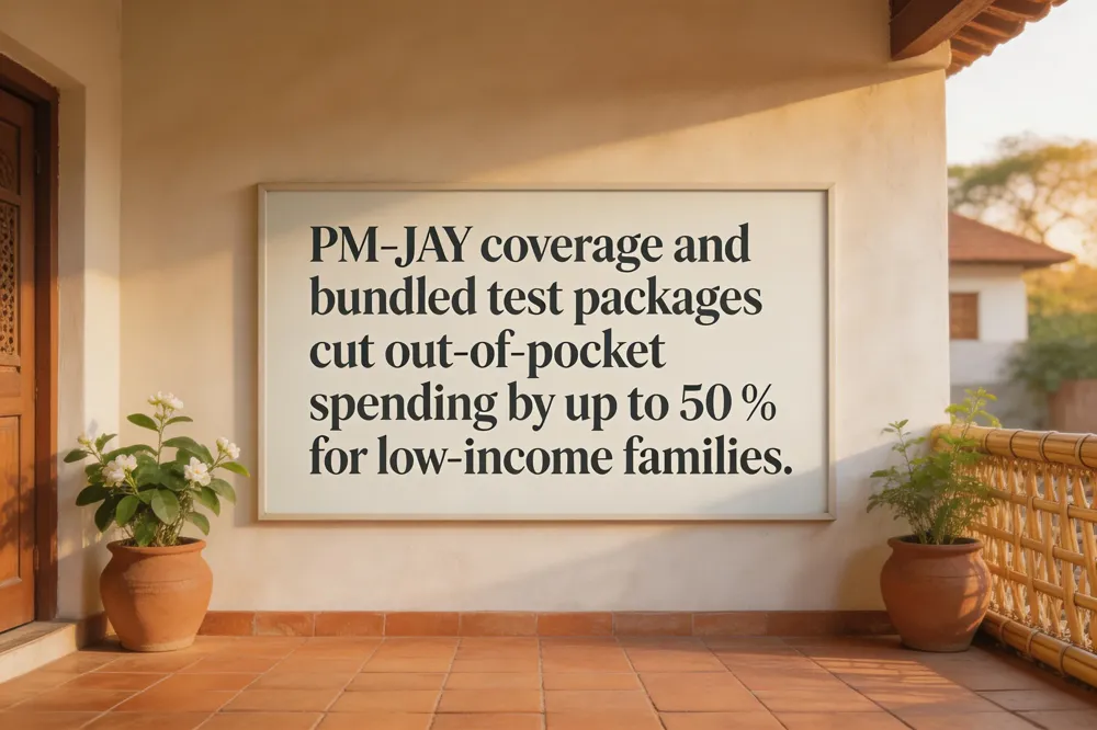 PM‑JAY coverage and bundled test packages cut out‑of‑pocket spending by up to 50 % for low‑income families.