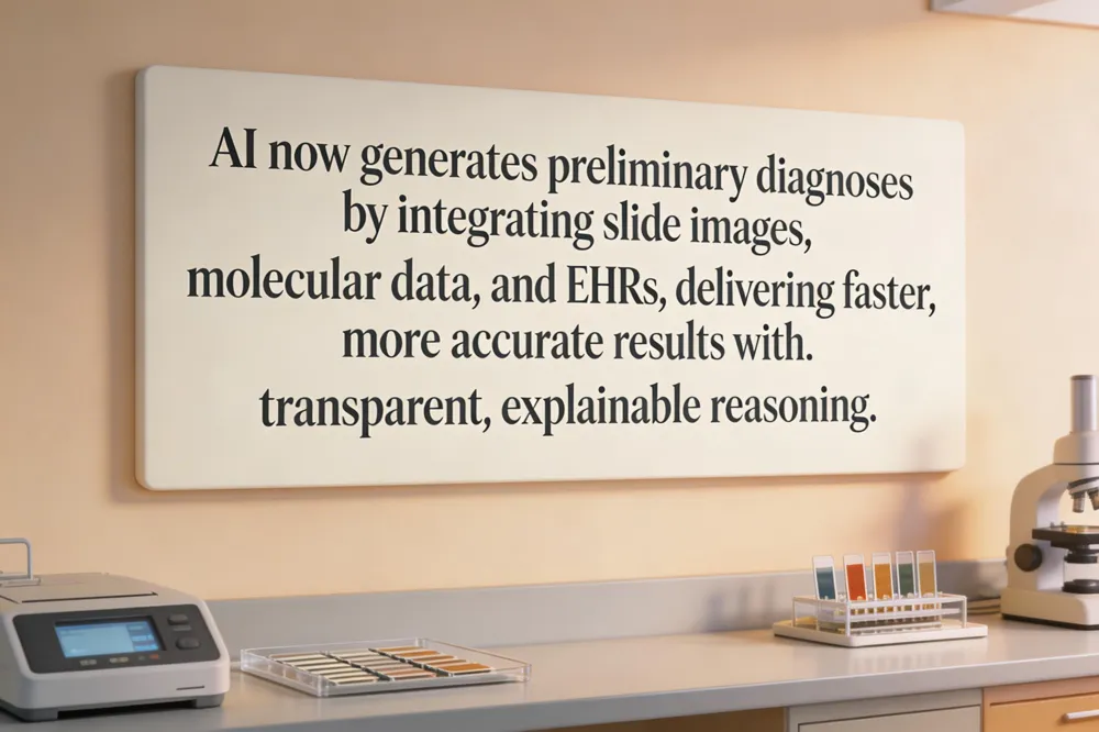 AI now generates preliminary diagnoses by integrating slide images, molecular data, and EHRs, delivering faster, more accurate results with transparent, explainable reasoning.